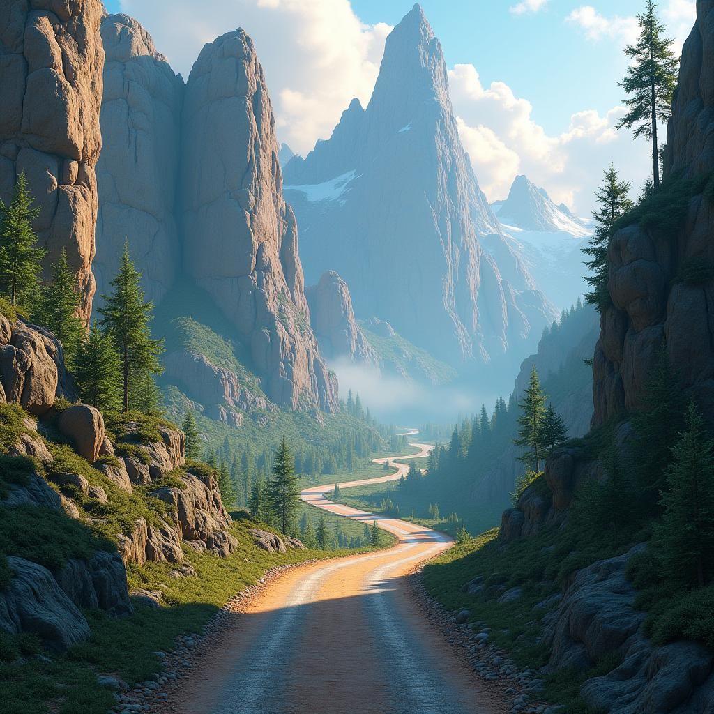 Majestic Road Through Mountain Landscape in Matte Painting S...
