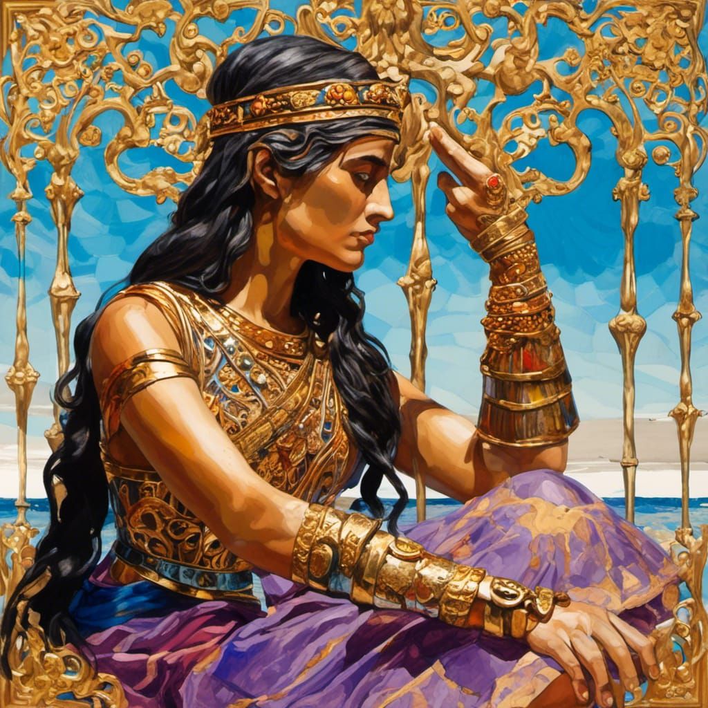 <lora:Phoenicia:1.0> alcohol ink picture of a beautiful Phoenician woman with hands having four fingers and a thumb at t...