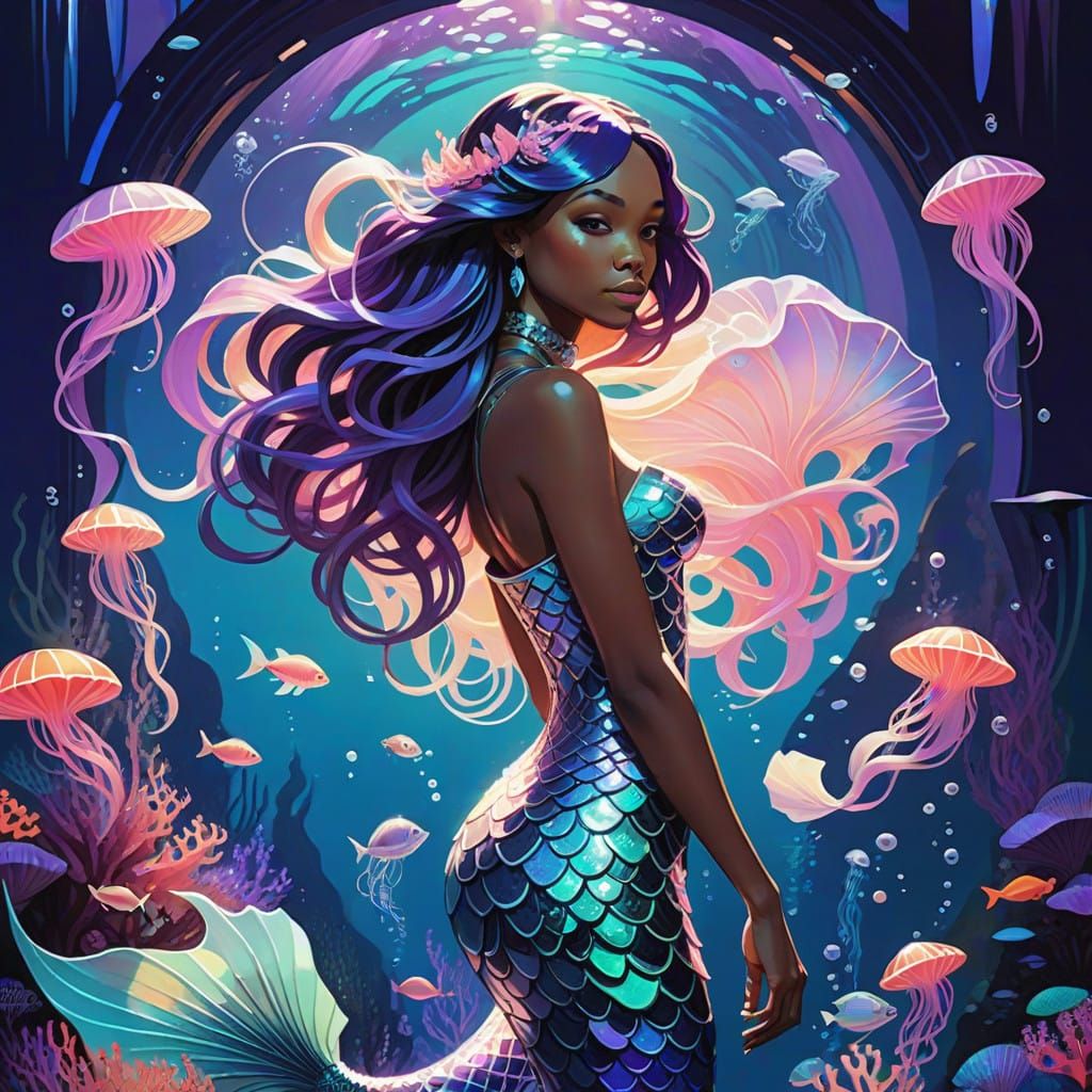 Surreal Mermaid Goddess in a Neon Oceanic Dreamscape