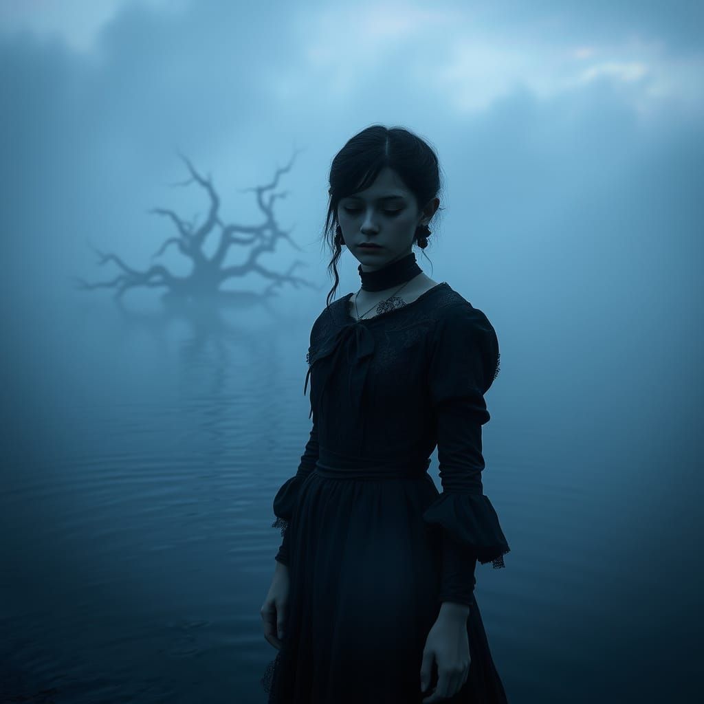 Girl Stands at Water's Edge, Surrounded by Mysterious Fog