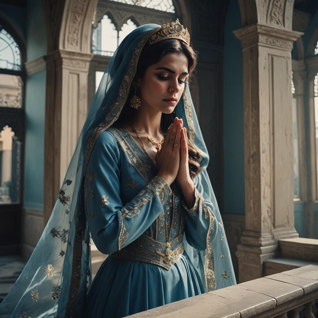 Dramatic Portrait of Persian Queen in Blue Dress