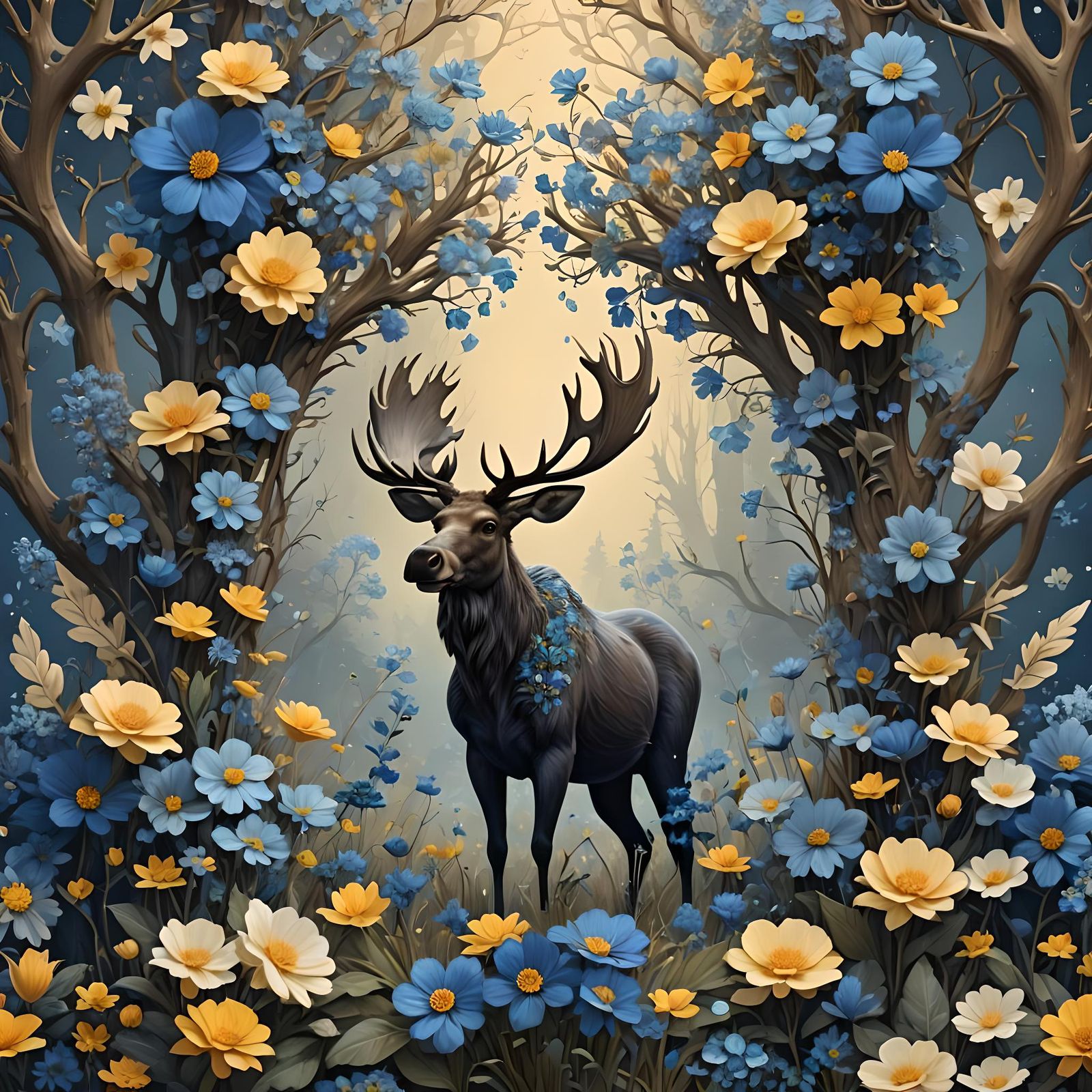 Blue Flowered Moose on Colorful Backdrop