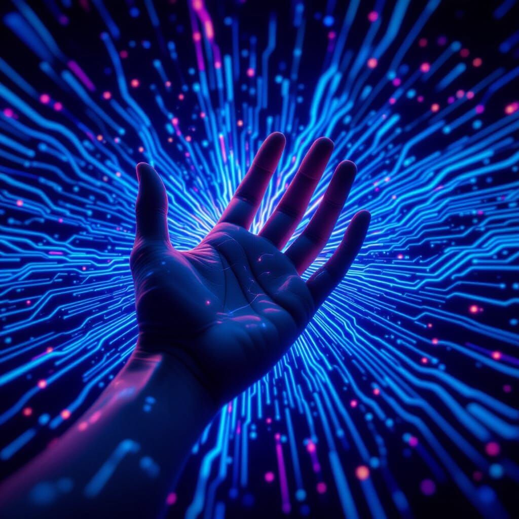 Hyperrealistic Hand Emerges from Glowing Data Streams