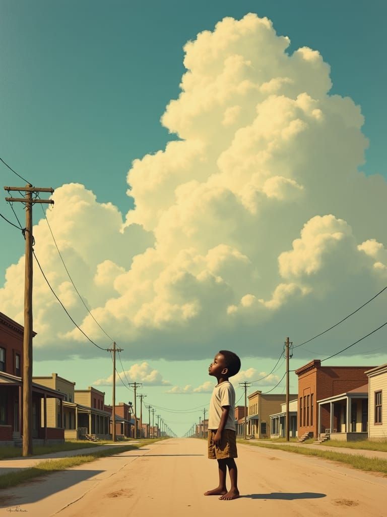 Rural 1940s Cityscape with Boy Gazing Skyward
