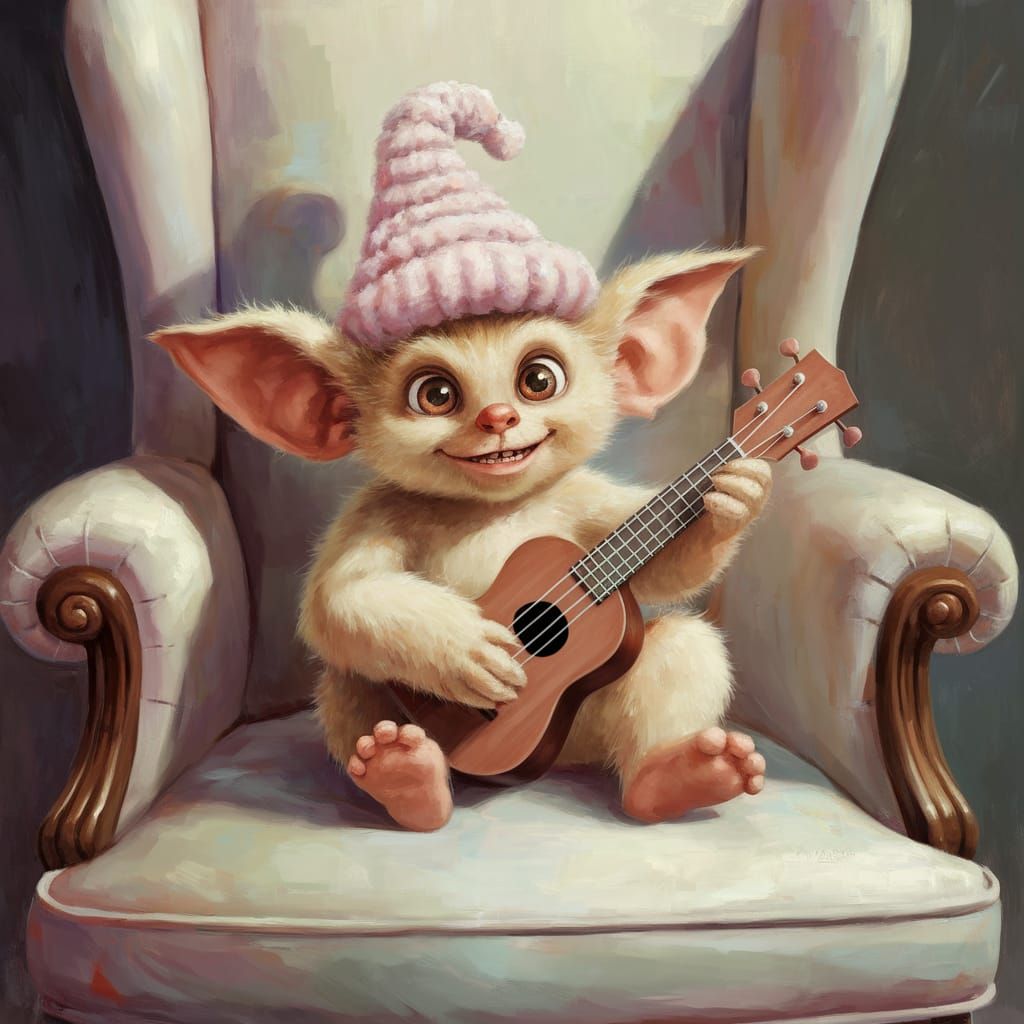 Whimsical Gremlin Plays Ukulele in Cozy Oil Painting