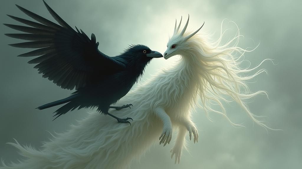 Raven Tormenting Ghost Dragon Apparition in Ethereal Illustr...