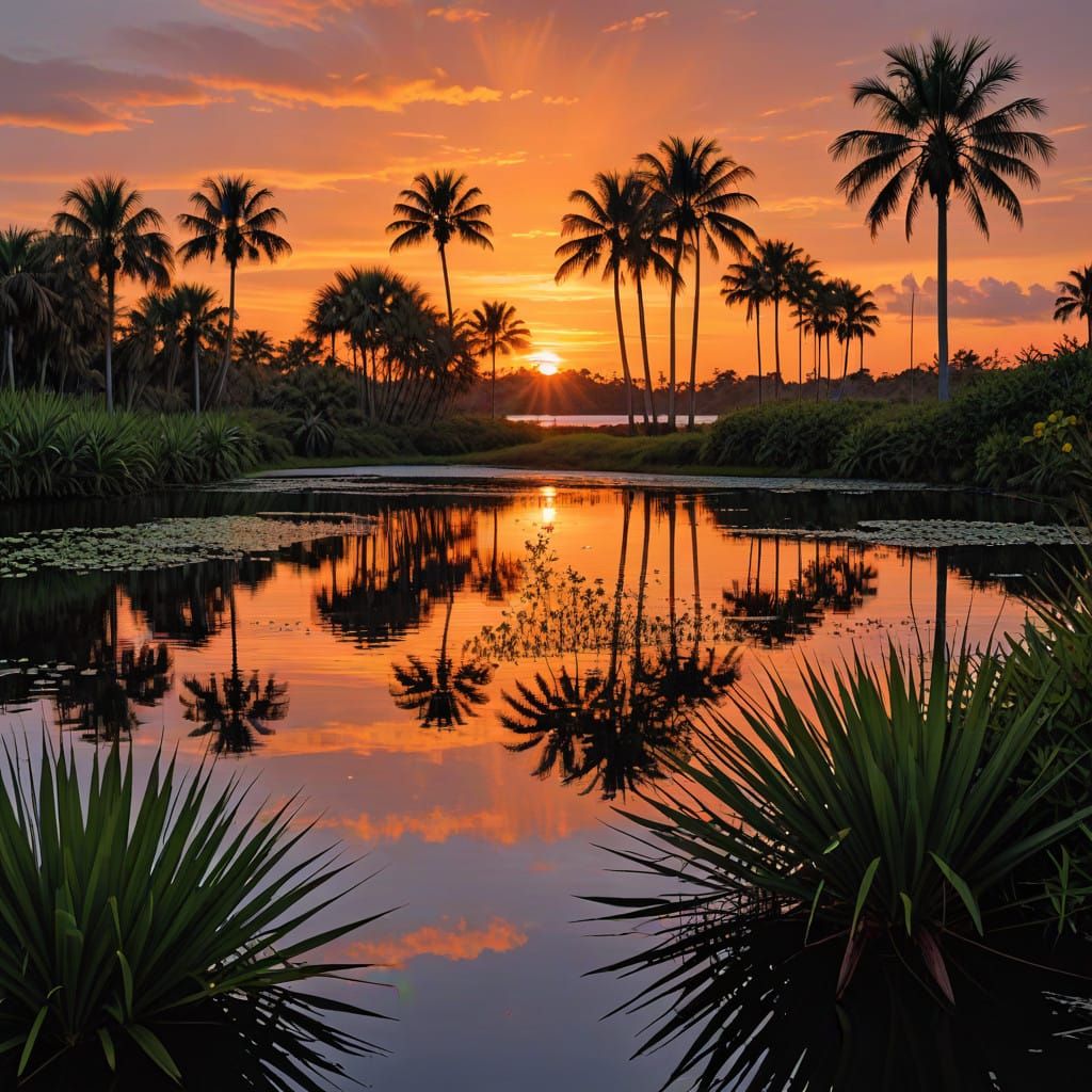 Vibrant Tropical Sunset Over Lagoon with Palmettoes and Bloo...