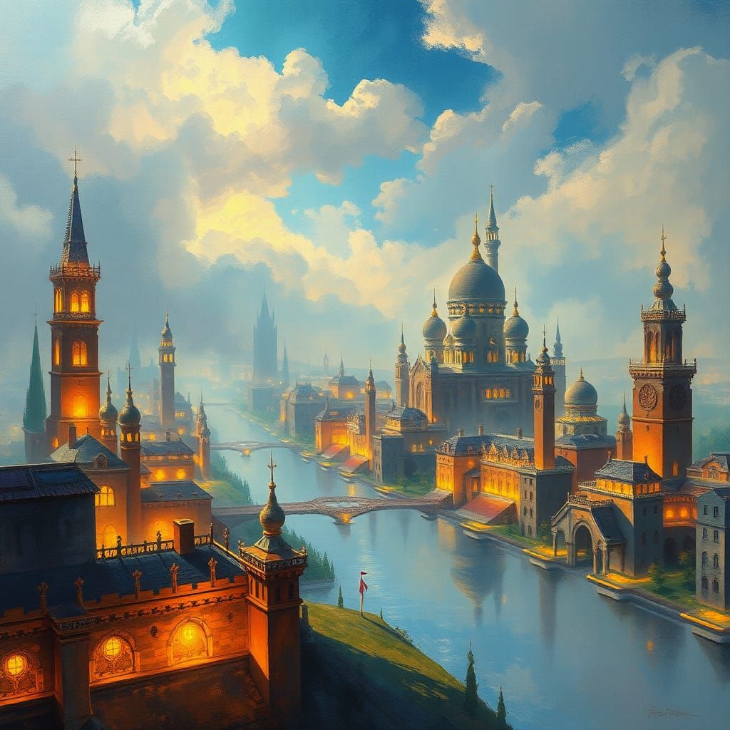 Ethereal Cityscape with Volumetric Lighting in Acrylic Art