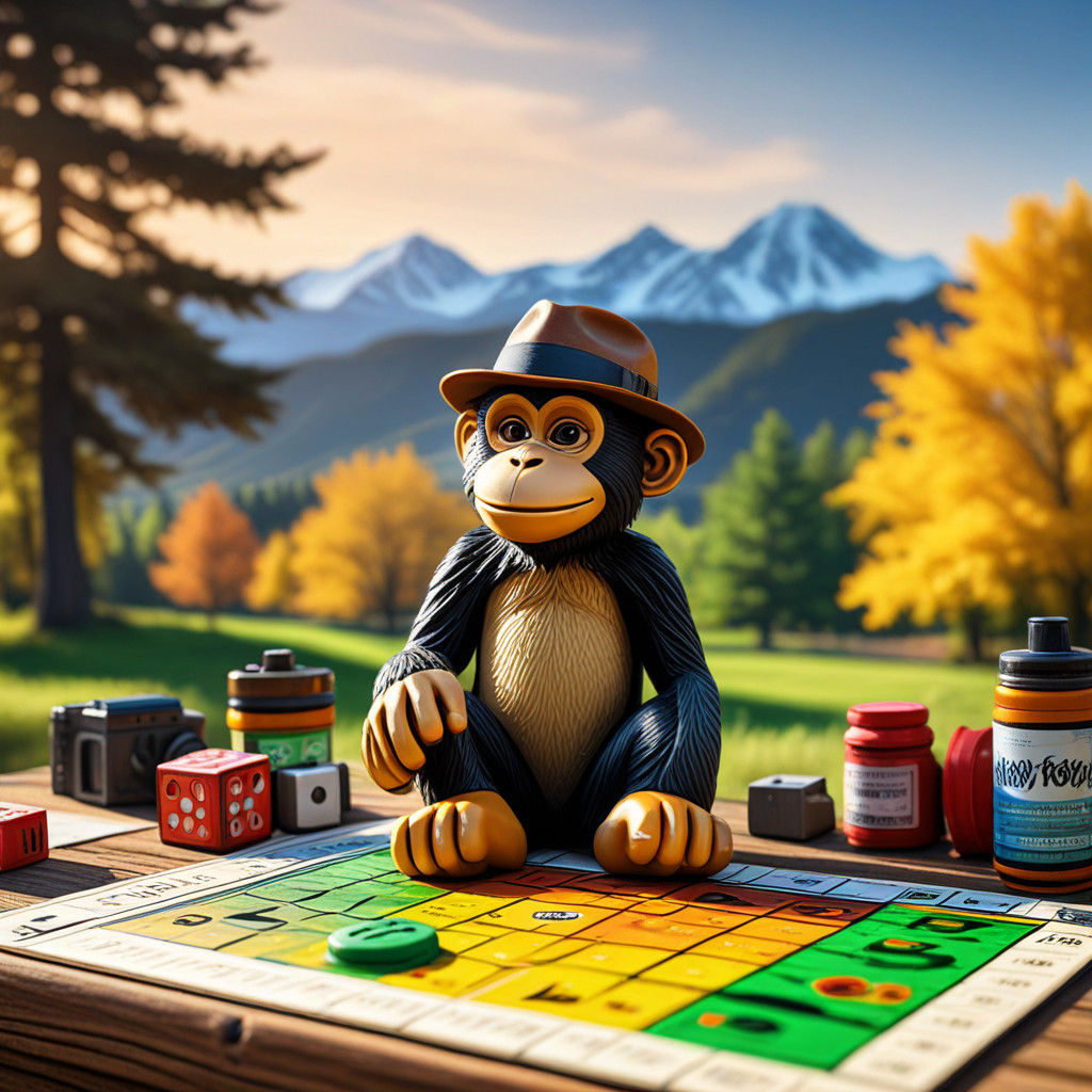 Toy Monkey in Fedora Sits Behind Monopoly Board in Warm Morn...