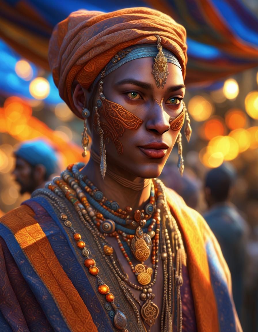 Khajiit Trader in Open-Air Market, Artstation Style