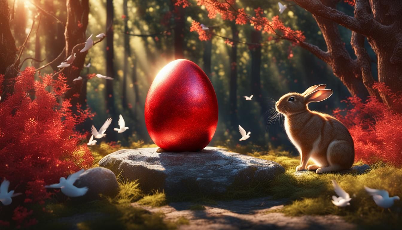 Rabbit Watching a Shiny Red Egg in Sunlight