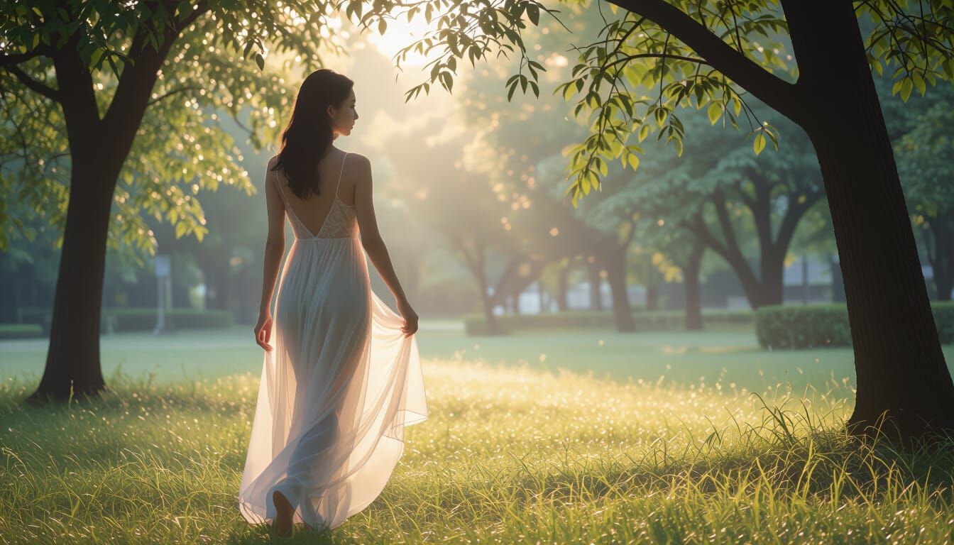 Serene Asian Woman in Sheer Nightgown at Dawn Park