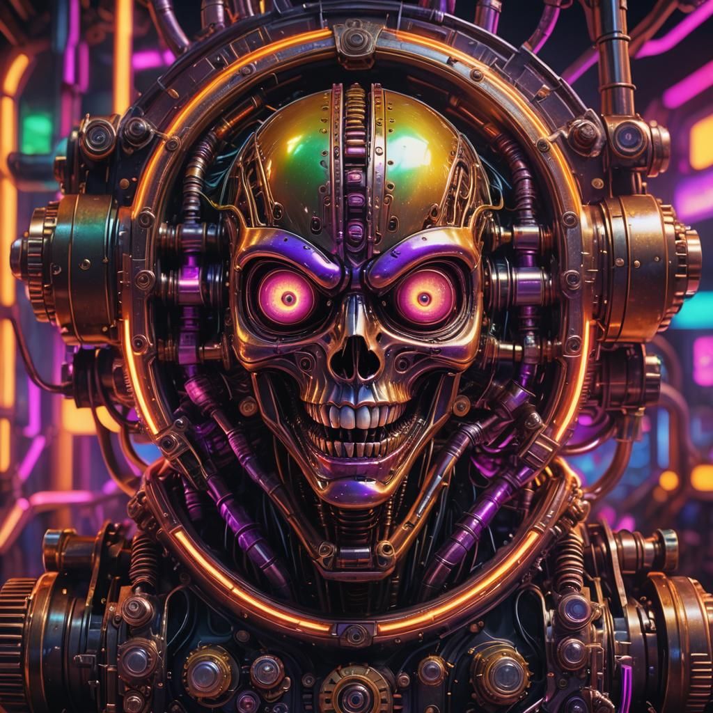 Steampunk Alien Portrait in Neon Synthwave Style