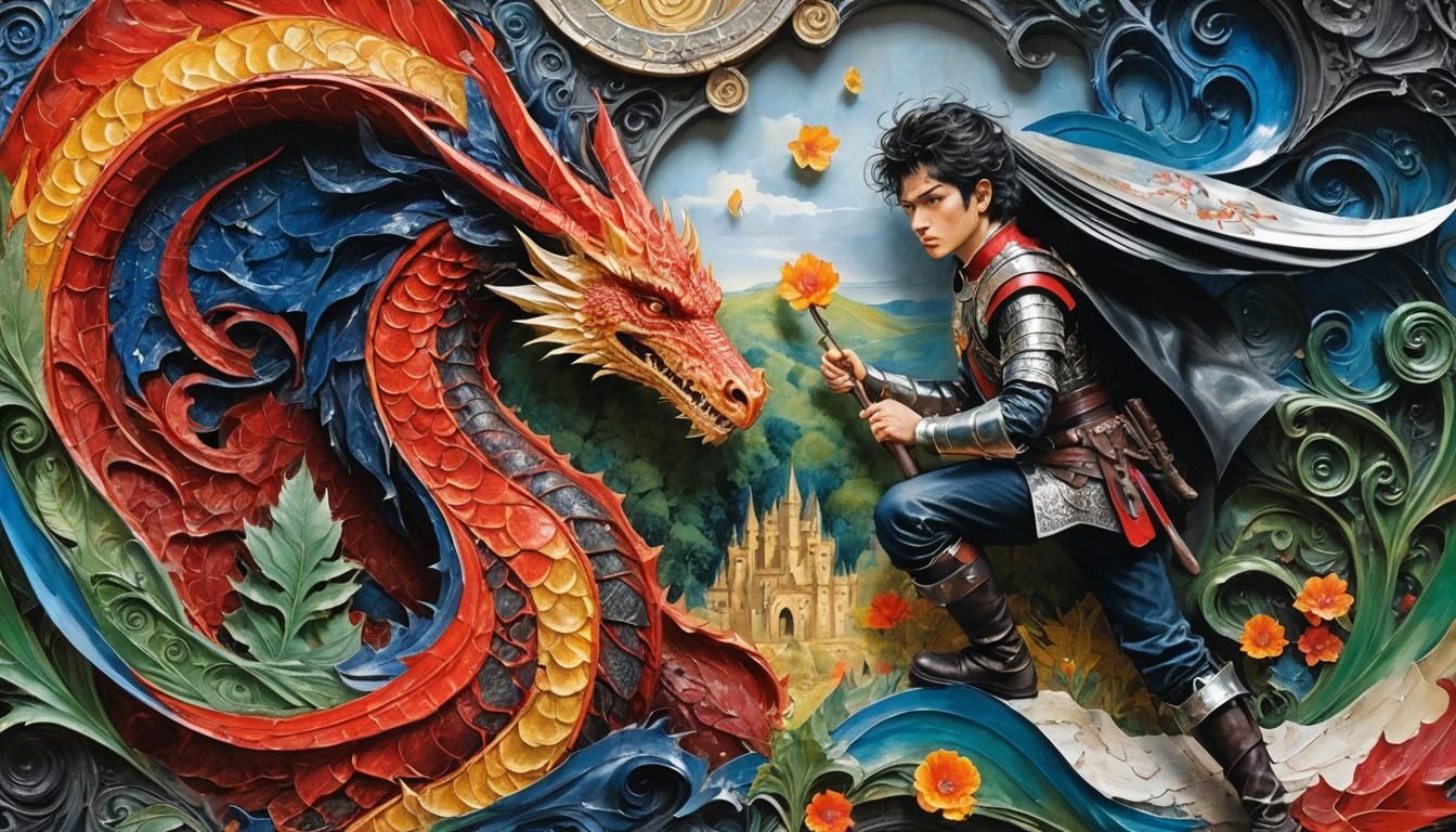 Knight and Dragon, painted relief