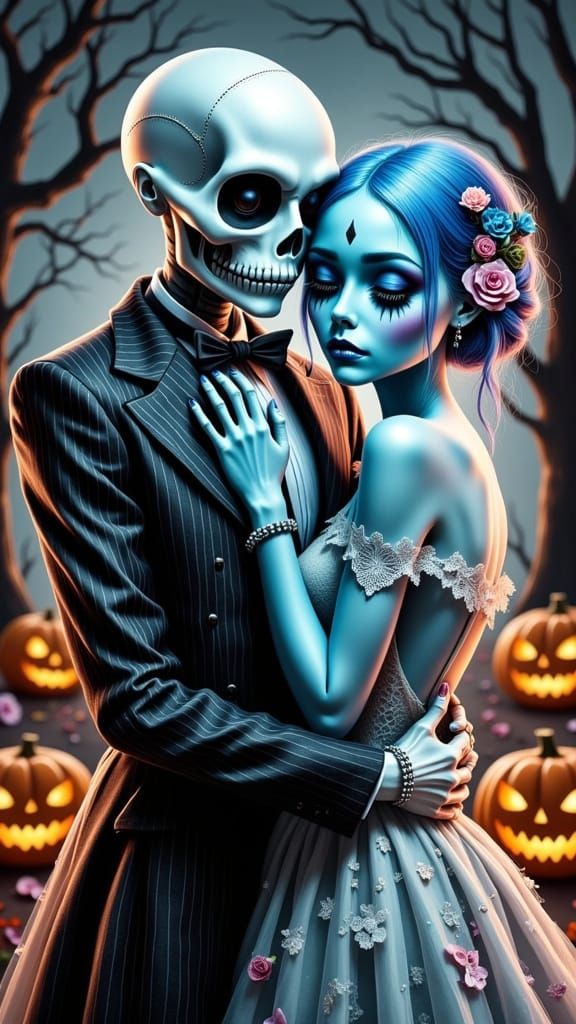 Jack Skellington and Sally's Romantic Embrace in Moonlit For...