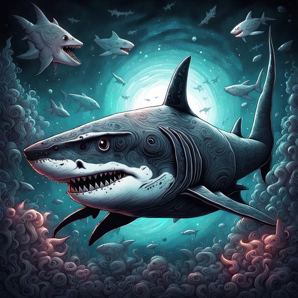 Ornate Shark with Stardust: Ink Illustration
