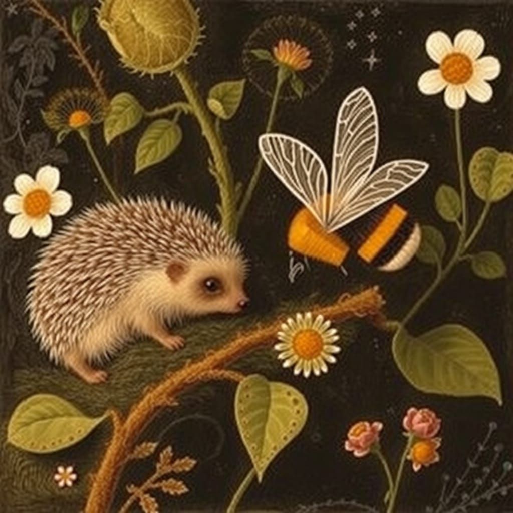 Hedgehogs and Bees in Whimsical Artistic Fusion