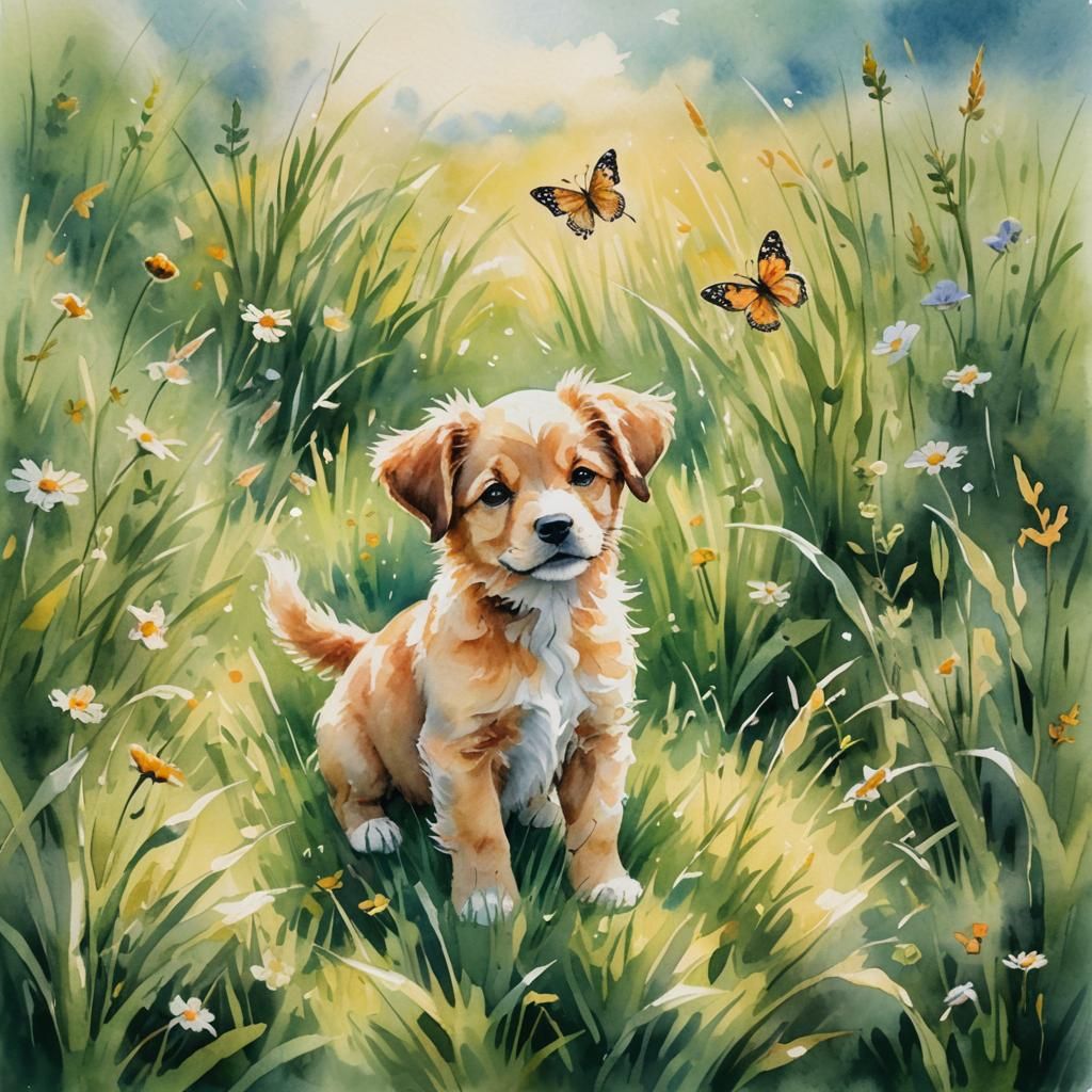 Puppy and Butterfly in Watercolor Meadow