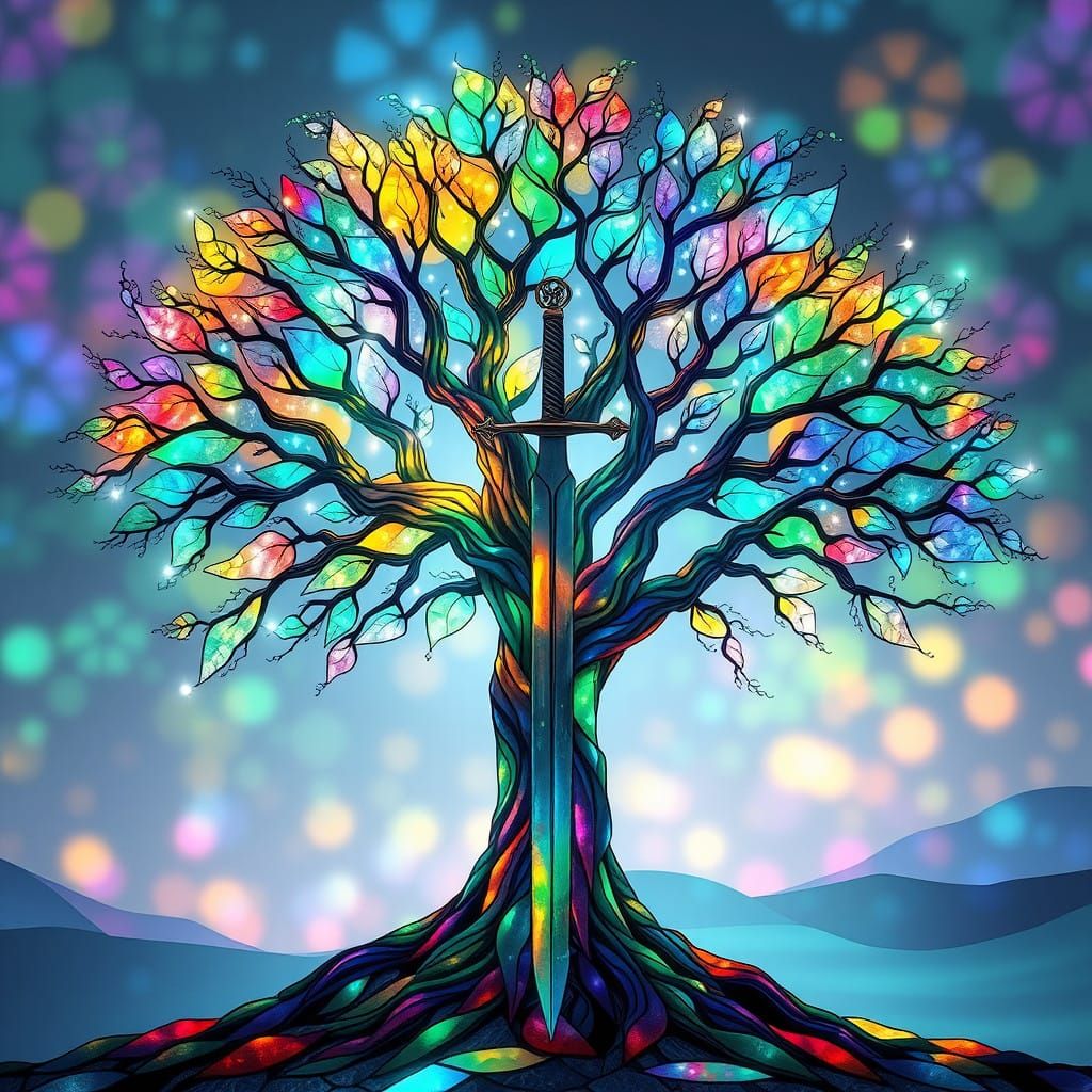 Surreal Stained Glass Tree Guards Ancient Secrets