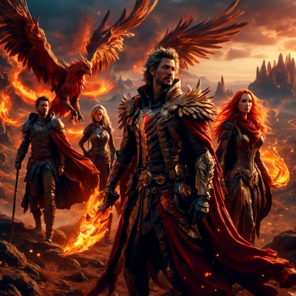 Cloaked Travelers Under a Fiery Phoenix Sky
