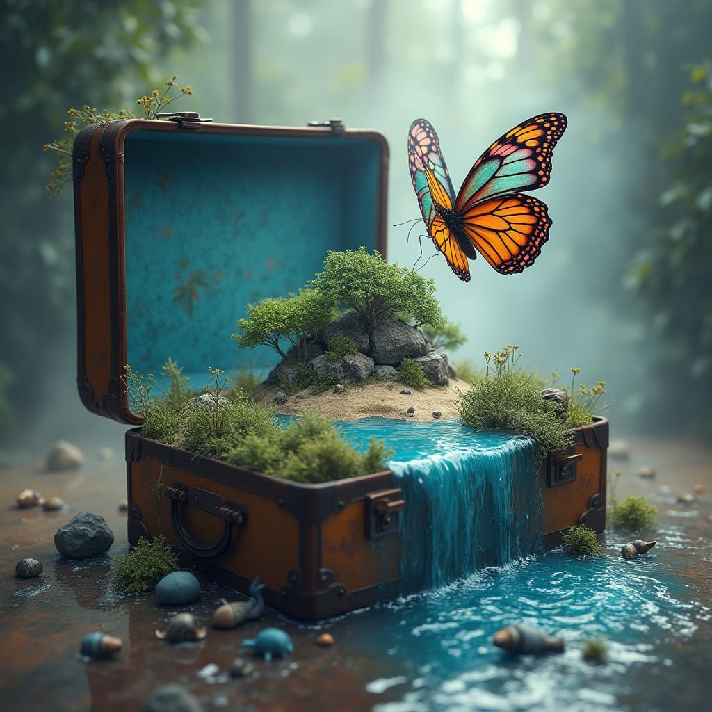Whimsical Island Scene in a Suitcase, with a Giant Butterfly...