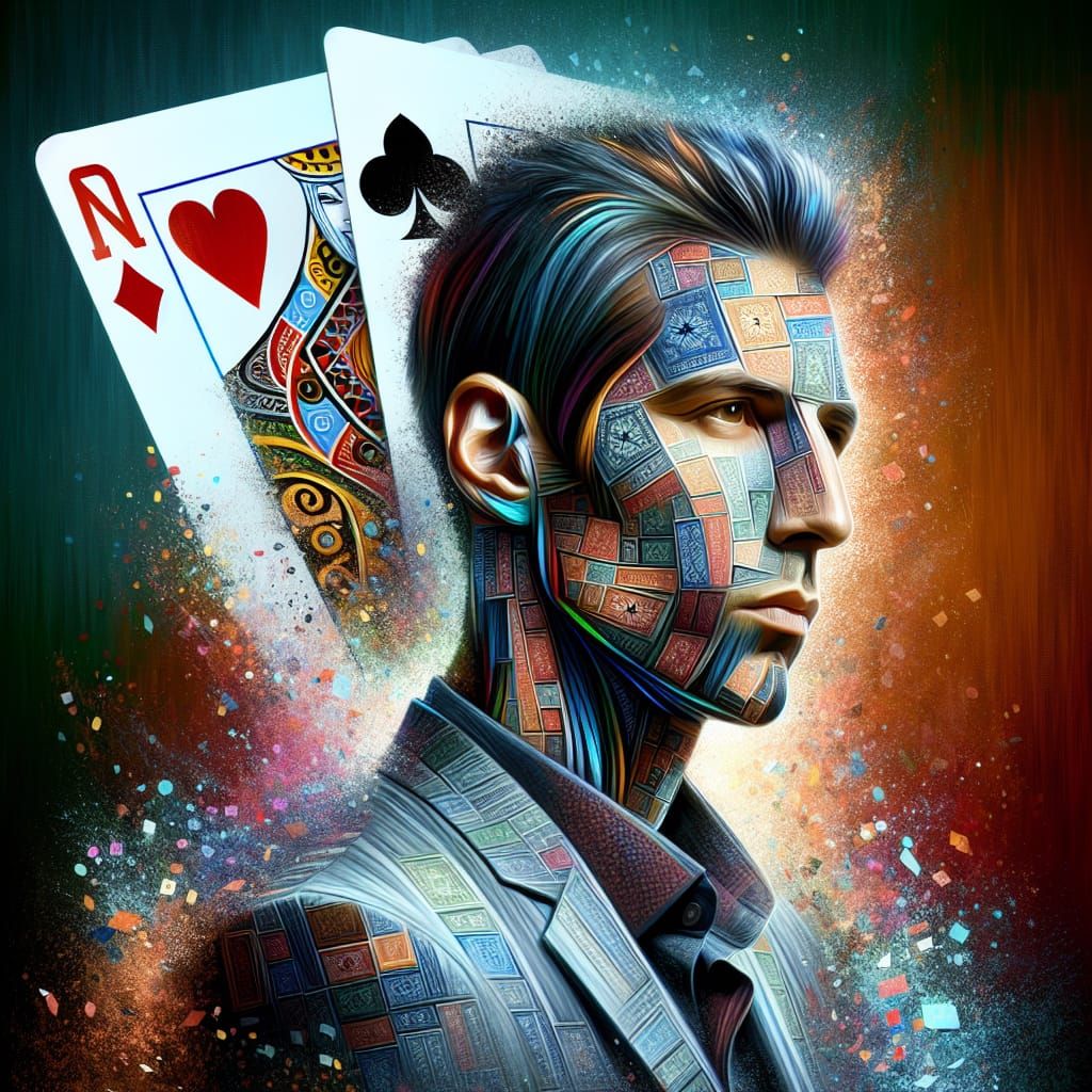 A poker player image made of playing cards