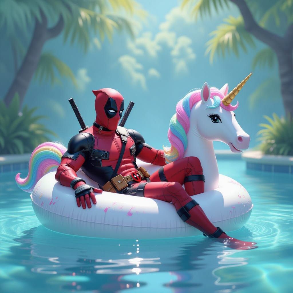 Deadpool Lounging on Unicorn Float in Dreamy Pool