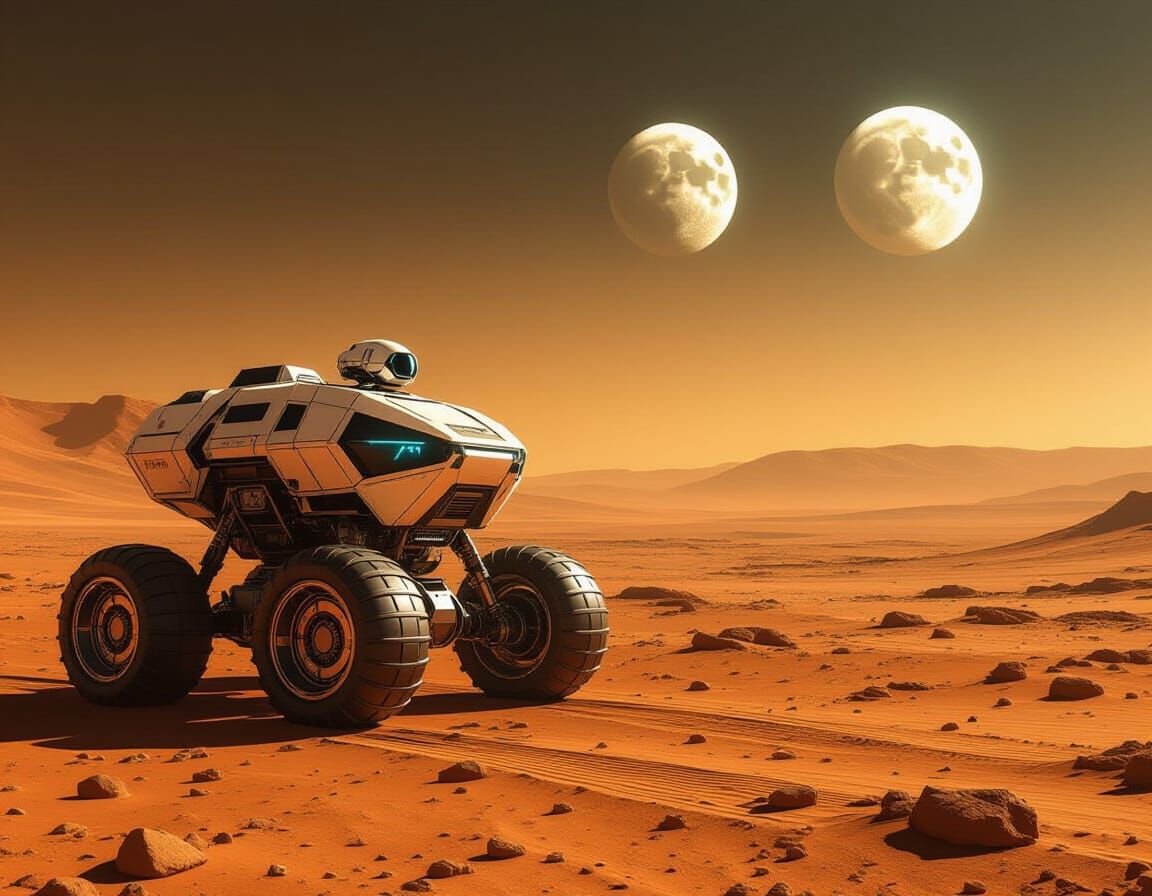 Futuristic Mars Rover Explorer in Alien Desert Landscape