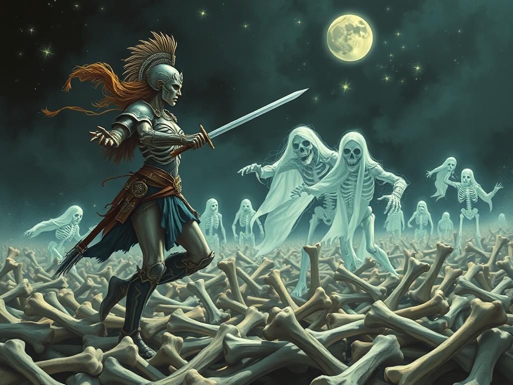 Woman warrior wearing bone armor in a field of bones fightin...