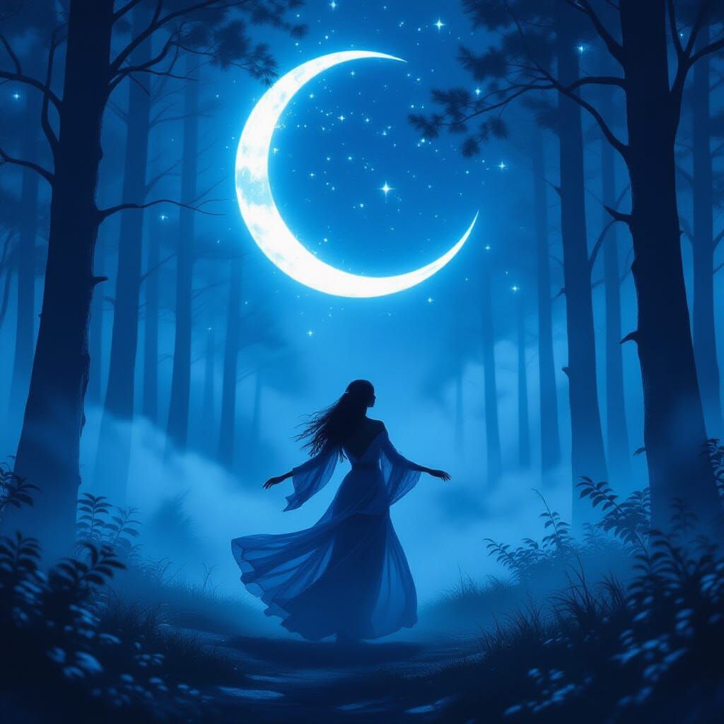 Ethereal Dancer Silhouetted Beneath Cosmic Crescent Moon