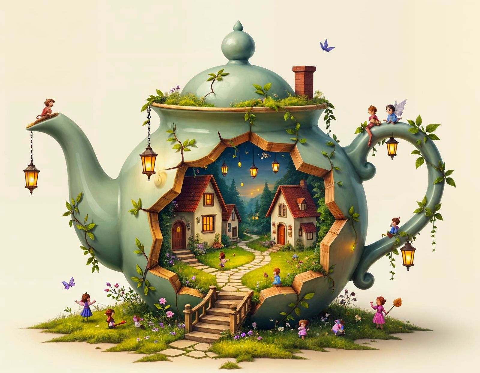 Magical Village Inside a Cracked Teapot with Fairy Dwellings