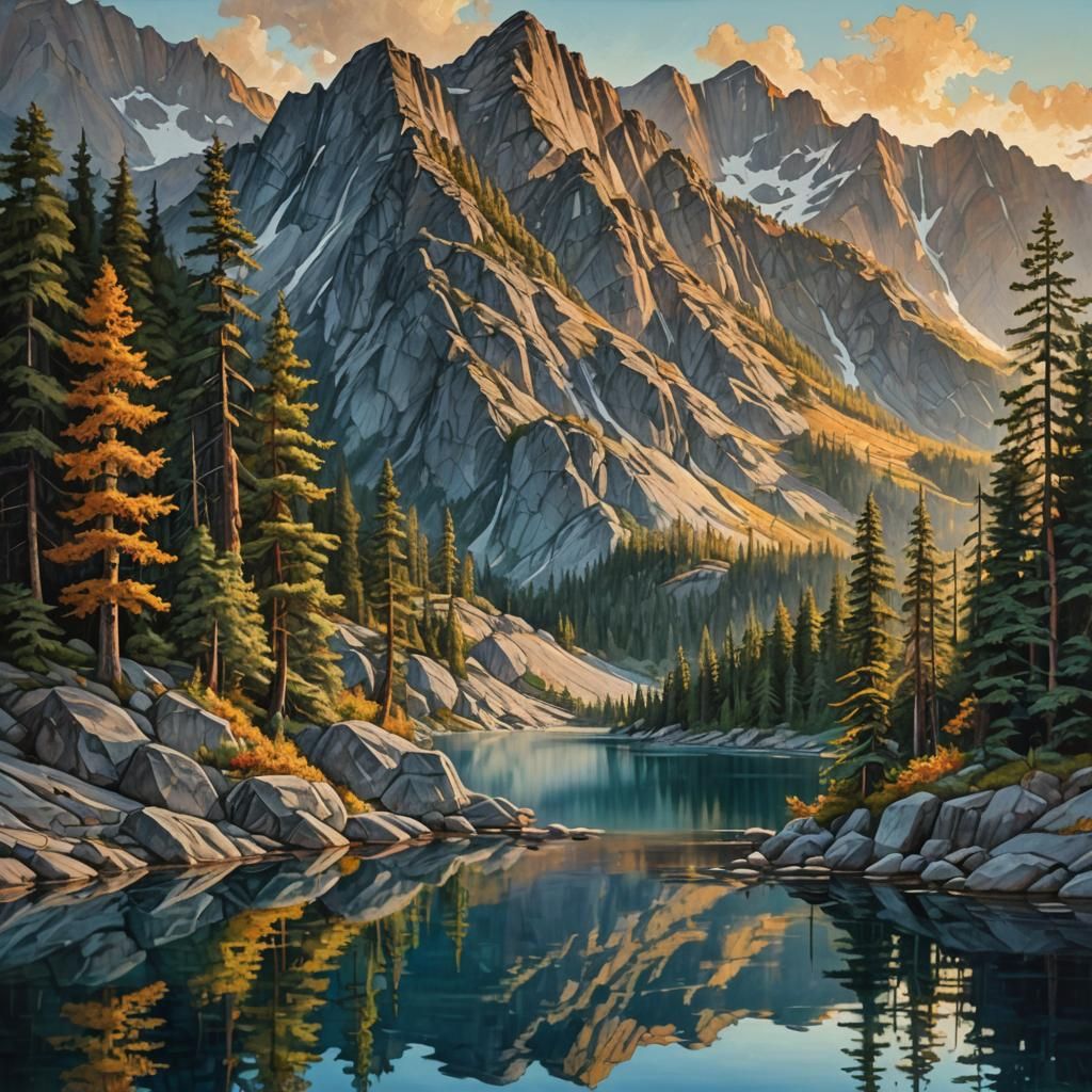 Granite Mountain and Pristine Lake Landscape Painting