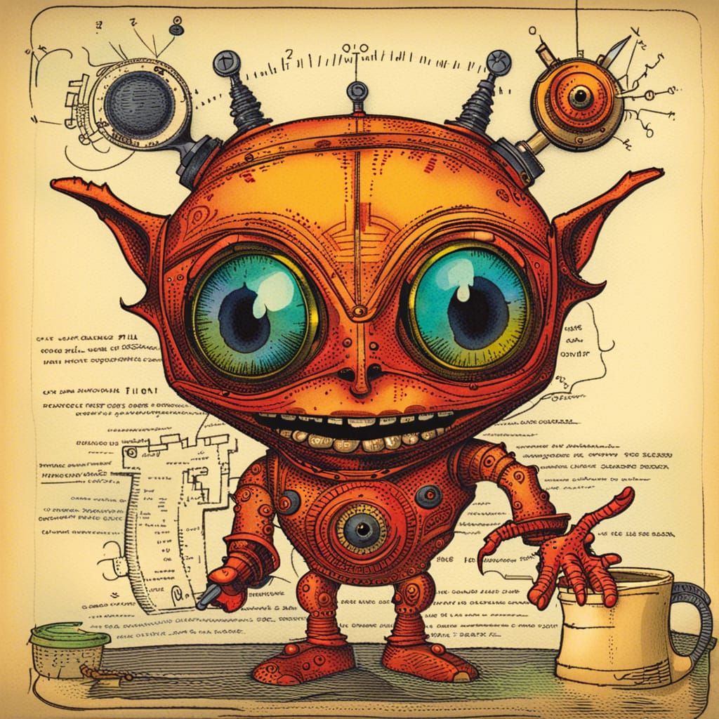 Imp's Selfie Inside AI Machine: Vintage Pen and Ink