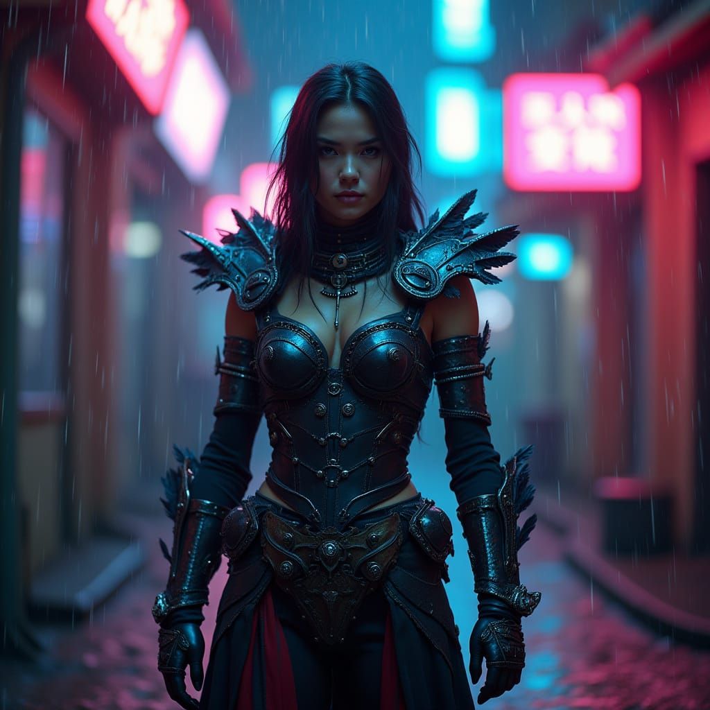 Hyper-Realistic Female Warrior in Cyberpunk Neon Alley
