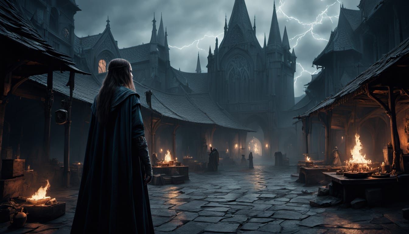 Dark Elven Sorceress Unleashes Lightning in Medieval Marketp...