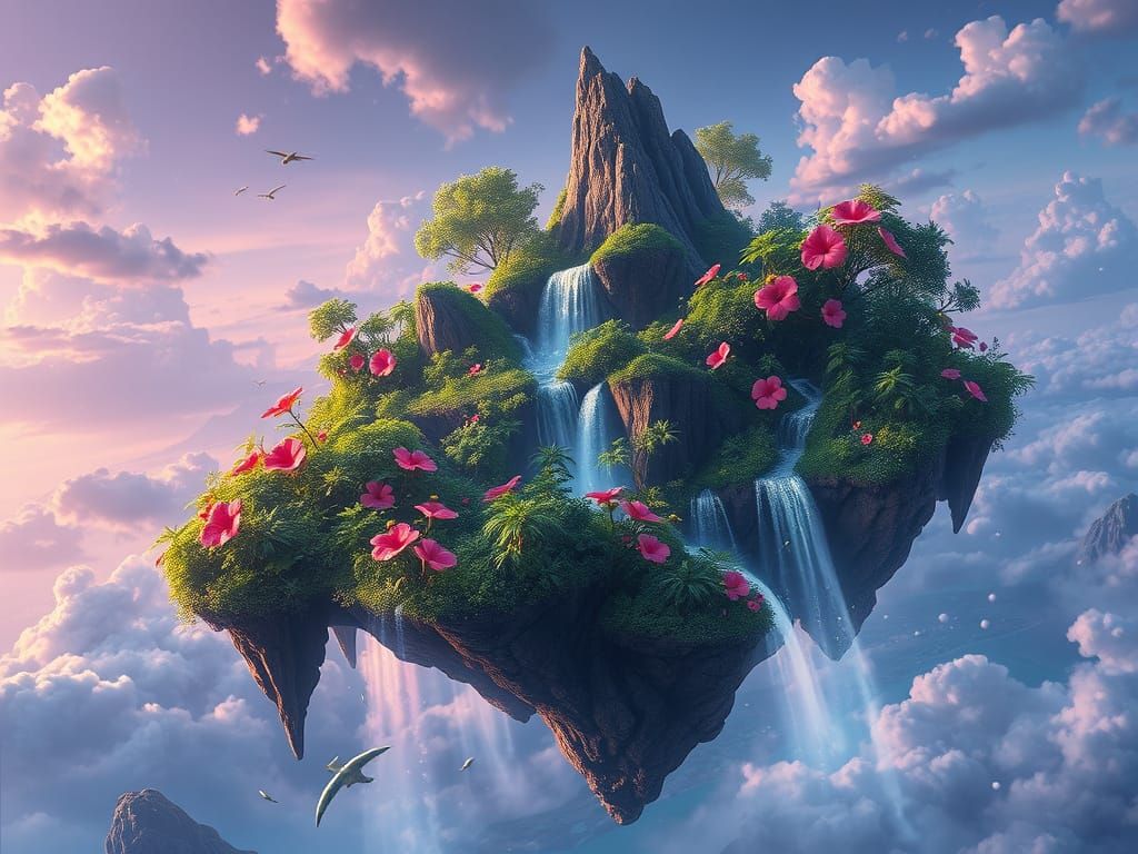 Hyperrealistic Flying Island with Waterfalls and Hibiscus