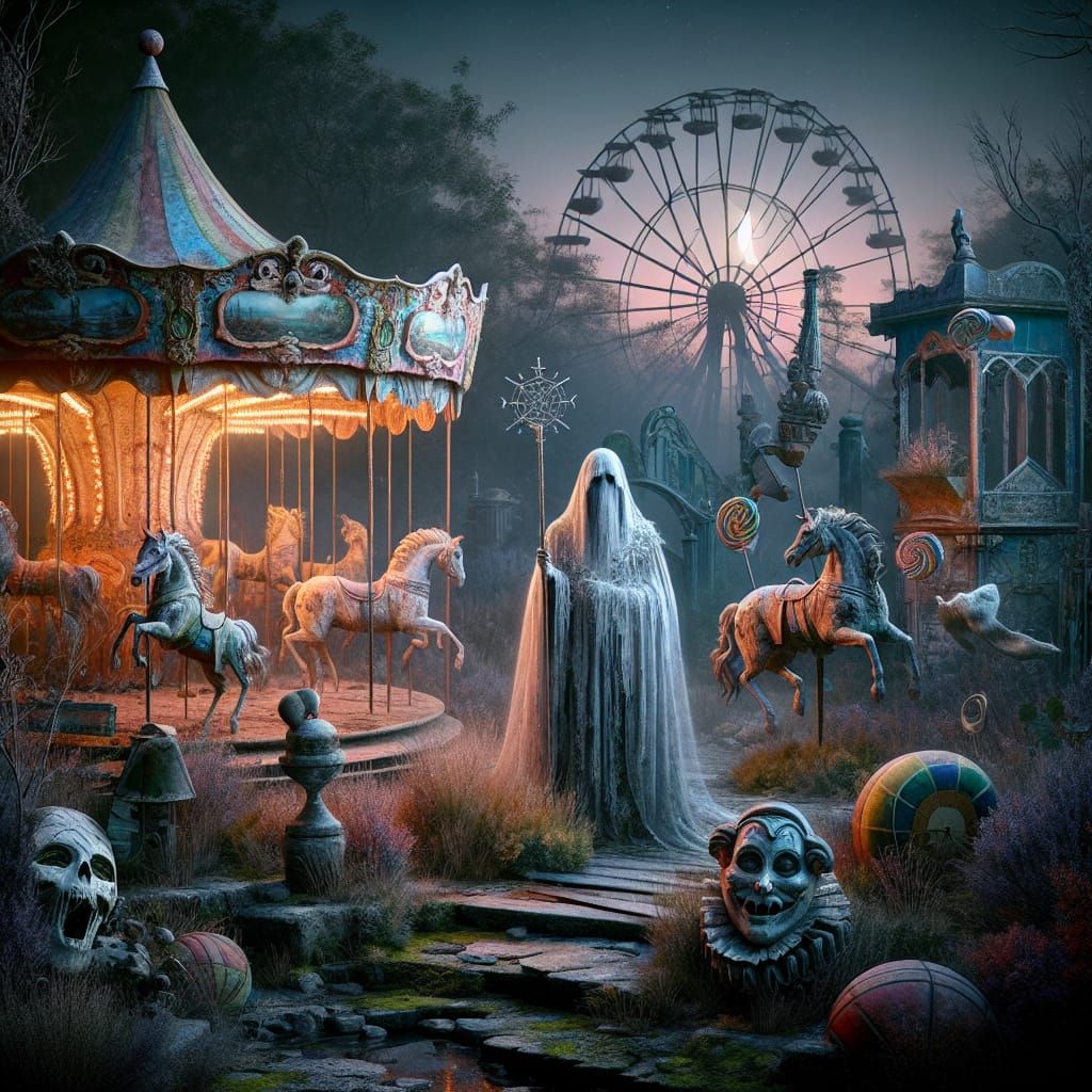 Surreal Twilight Scene of Abandoned Amusement Park with Ethe...