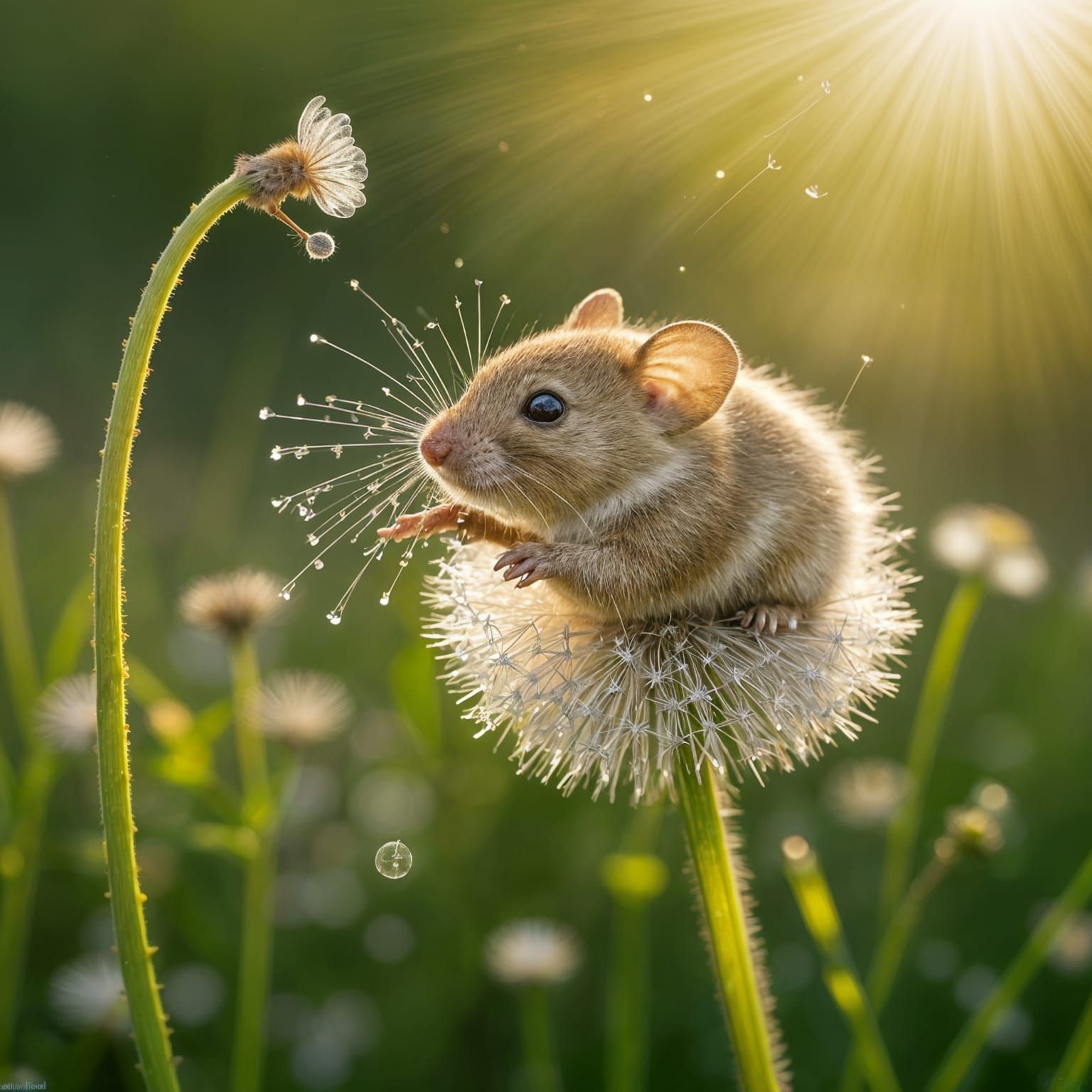 A Dormouse Climbs a Sparkling Dandelion in a Whimsical Morni...