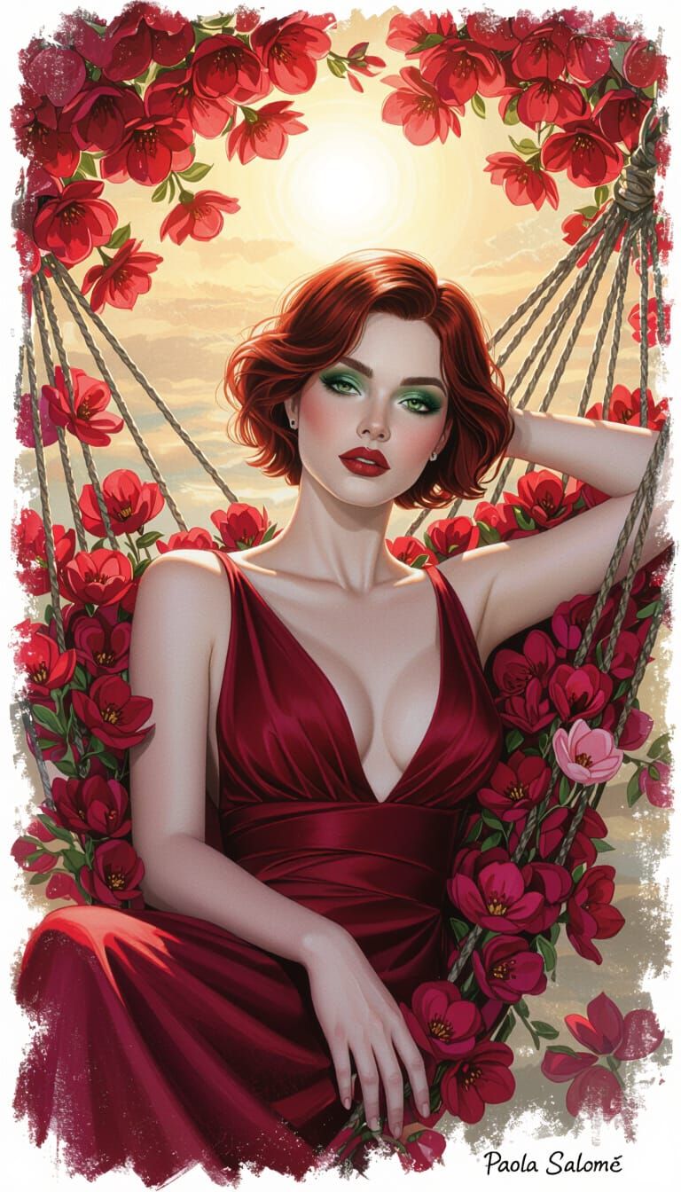Woman in Red Dress Amidst Scarlet Blossoms