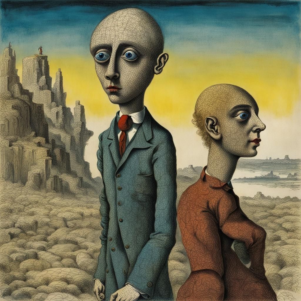 Surreal Dada Couple Drawing in Pen and Ink