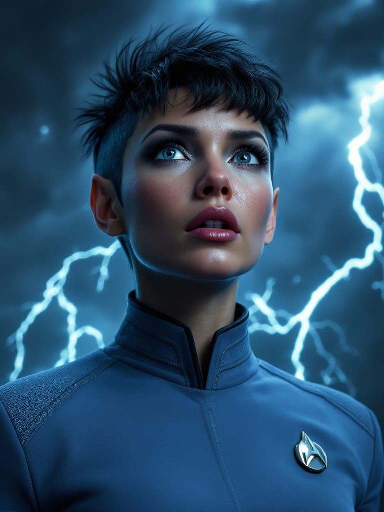 Logic Defies the Storm: Lt T'lyn in Turbulent Turquoise Skie...