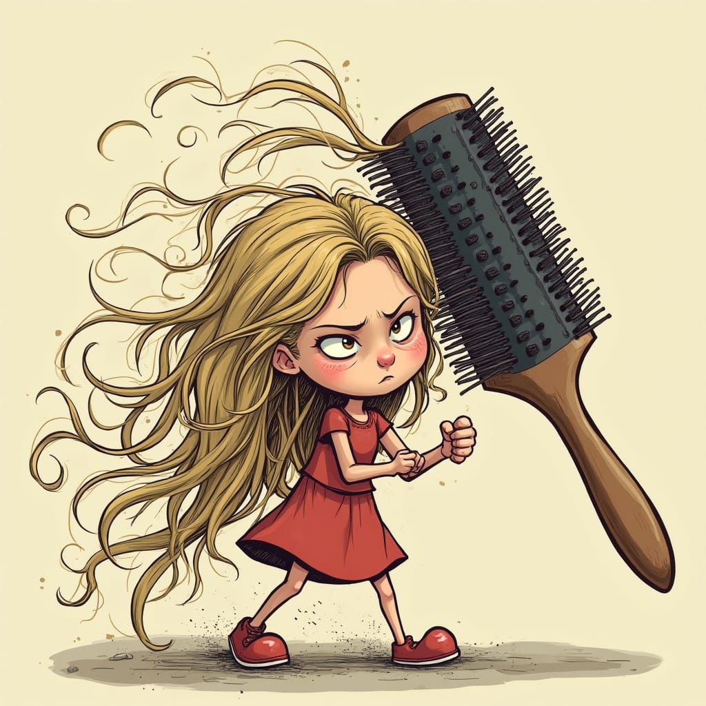 Giant Hairbrush Fights Tangled Hair in Cartoon Tug-of-War