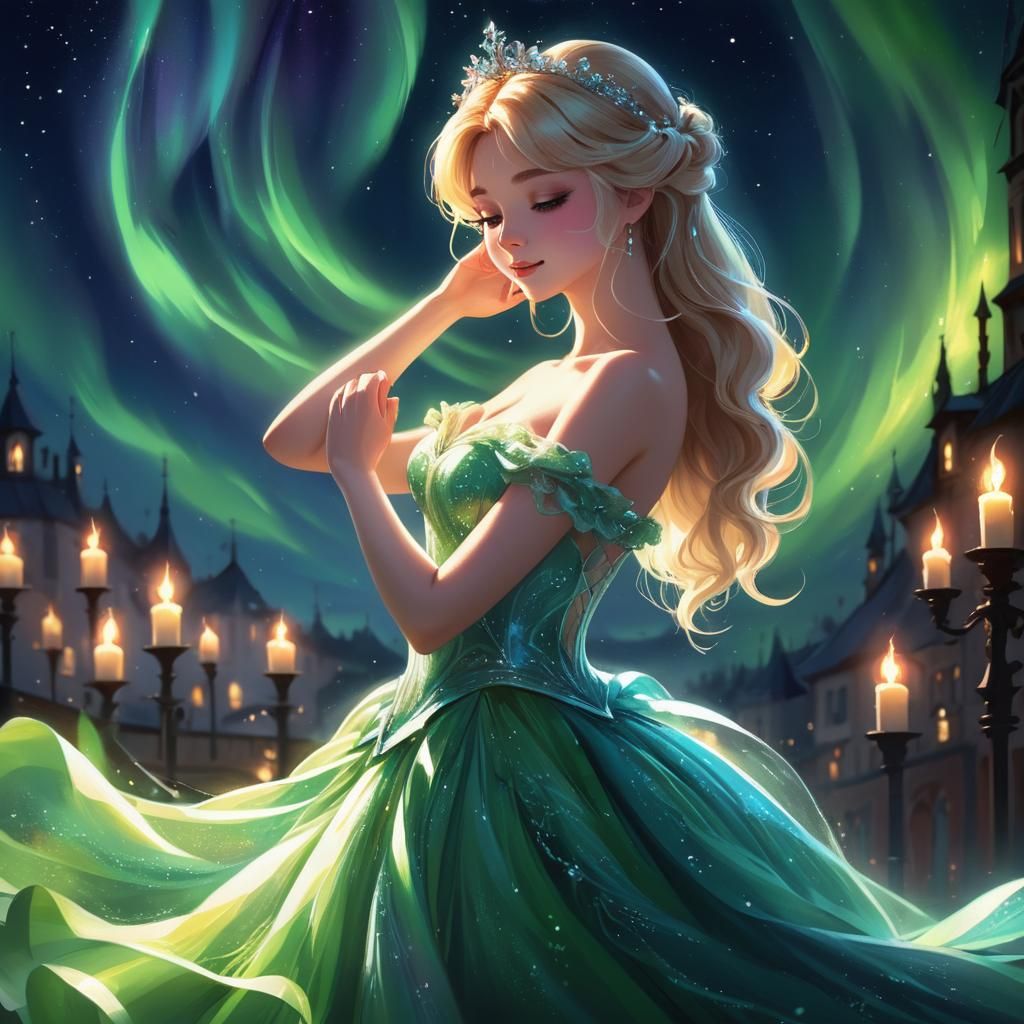 Anime Girl in Gown with Aurora Background