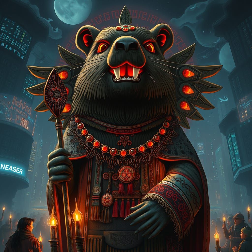 Cyberpunk Beaver Totem Shamanic Ritual: Digital Painting