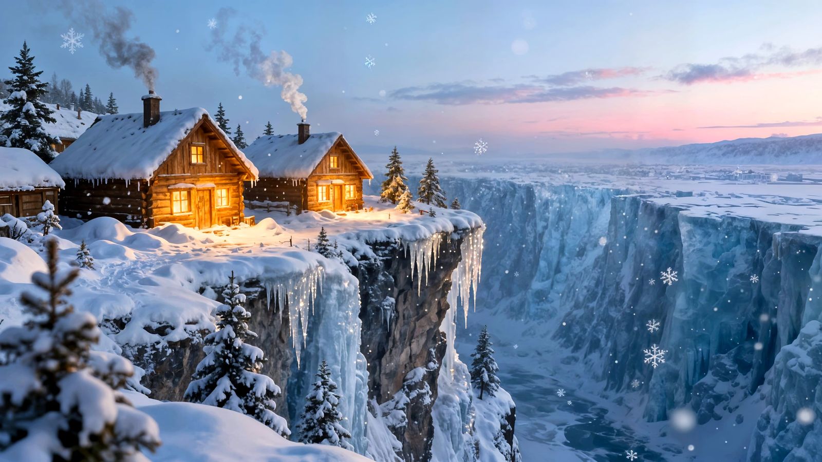 Snowy Village on Frozen Cliff Overlooking Icy Valley