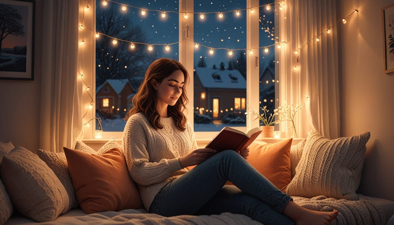 Cozy Window Seat Reading Nook with String Lights