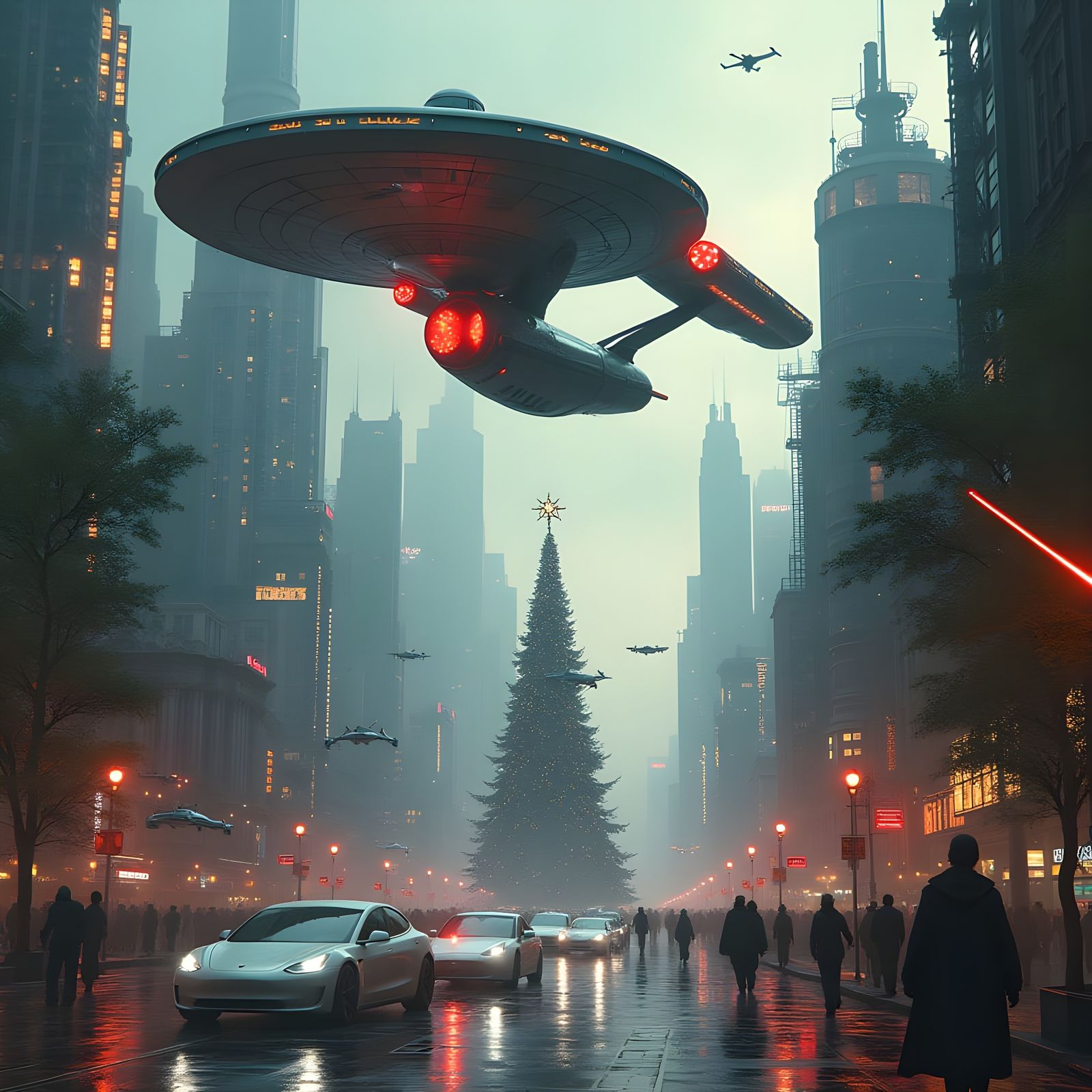 Starship Enterprise Over Cityscape with Flying Cars and Holi...