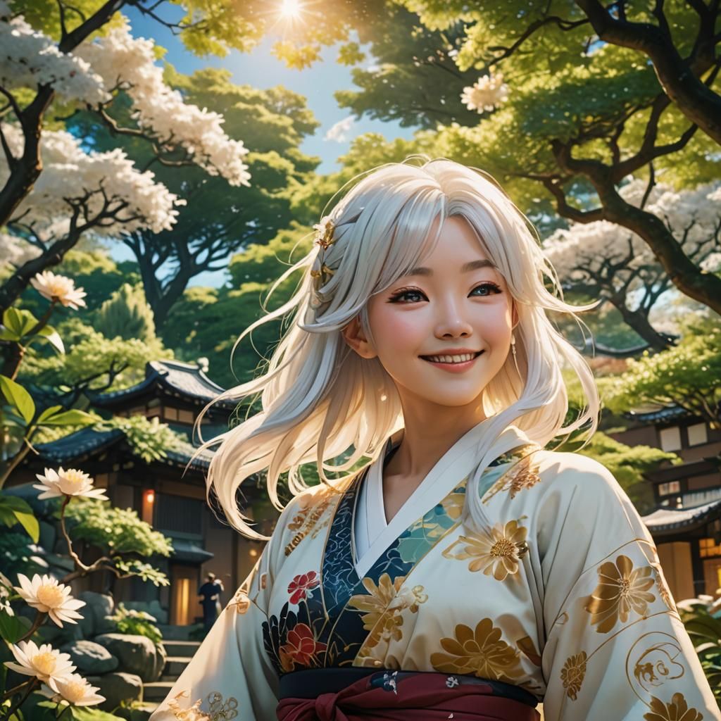 Anime Woman in Garden: Watercolor Style Concept Art