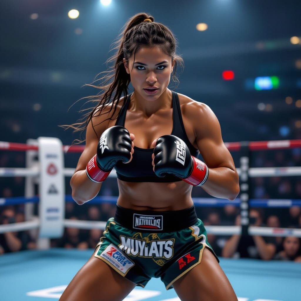 Brunette Muay Thai Fighter in Intense Ring Combat