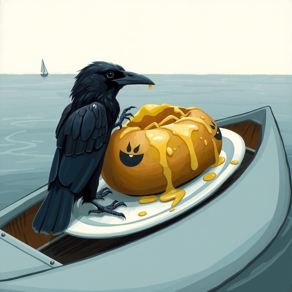 A Raven Dines on a Wet Potato in a Weathered Rowboat